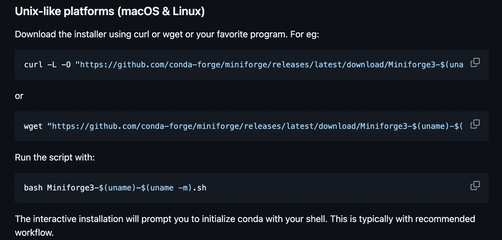 Miniforgeのダウンロード一覧にあるUnix-like platformsの項目