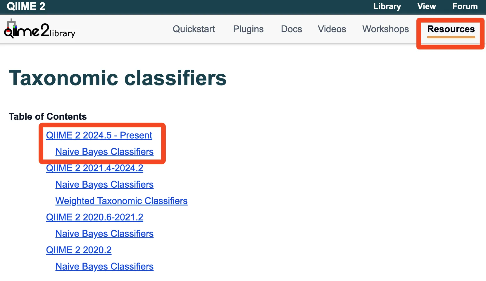 QIIME 2 Data Resourcesで分類器を選ぶ画面