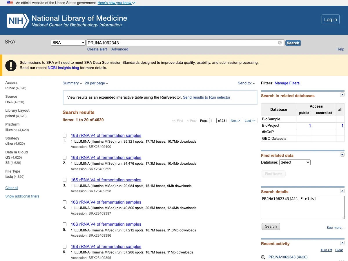 NCBI SRAでPRJNA1062343を検索し、SRX23409400が先頭に表示された画面